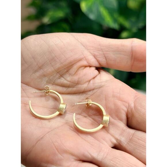 Gold Over 925 Sterling Silver Open Hoop CZ Earrings Solitaire Pushback - Picture 8 of 11